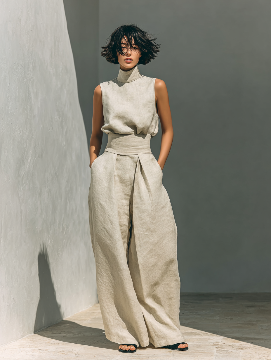 conjunto de lino con top sin mangas y pantalón de pierna ancha. Ronda