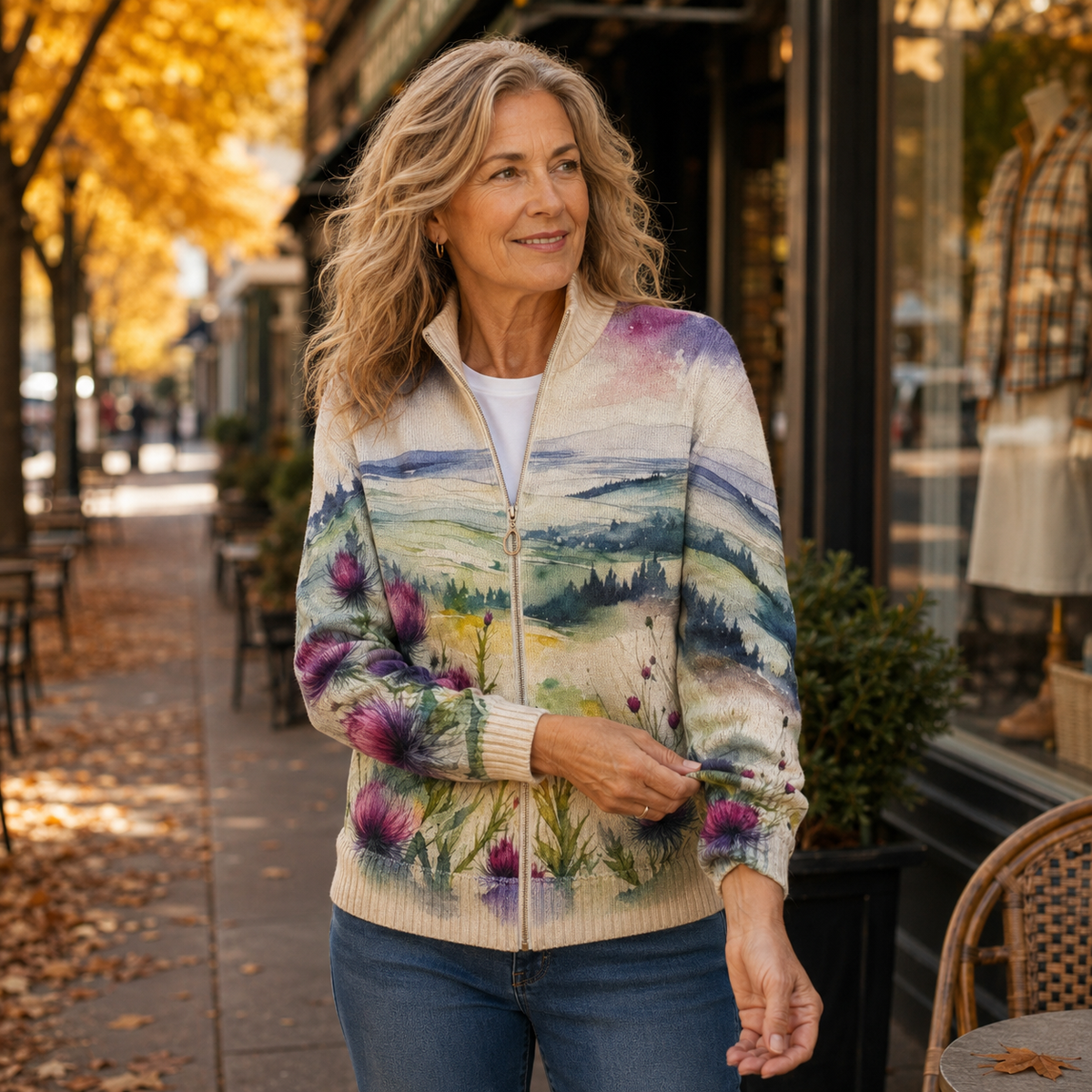 cardigan con cremallera y estampado de cardo escocés. Begur