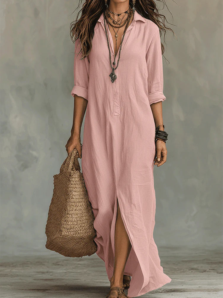 vestido maxi con cuello estructurado y botones. Ronda