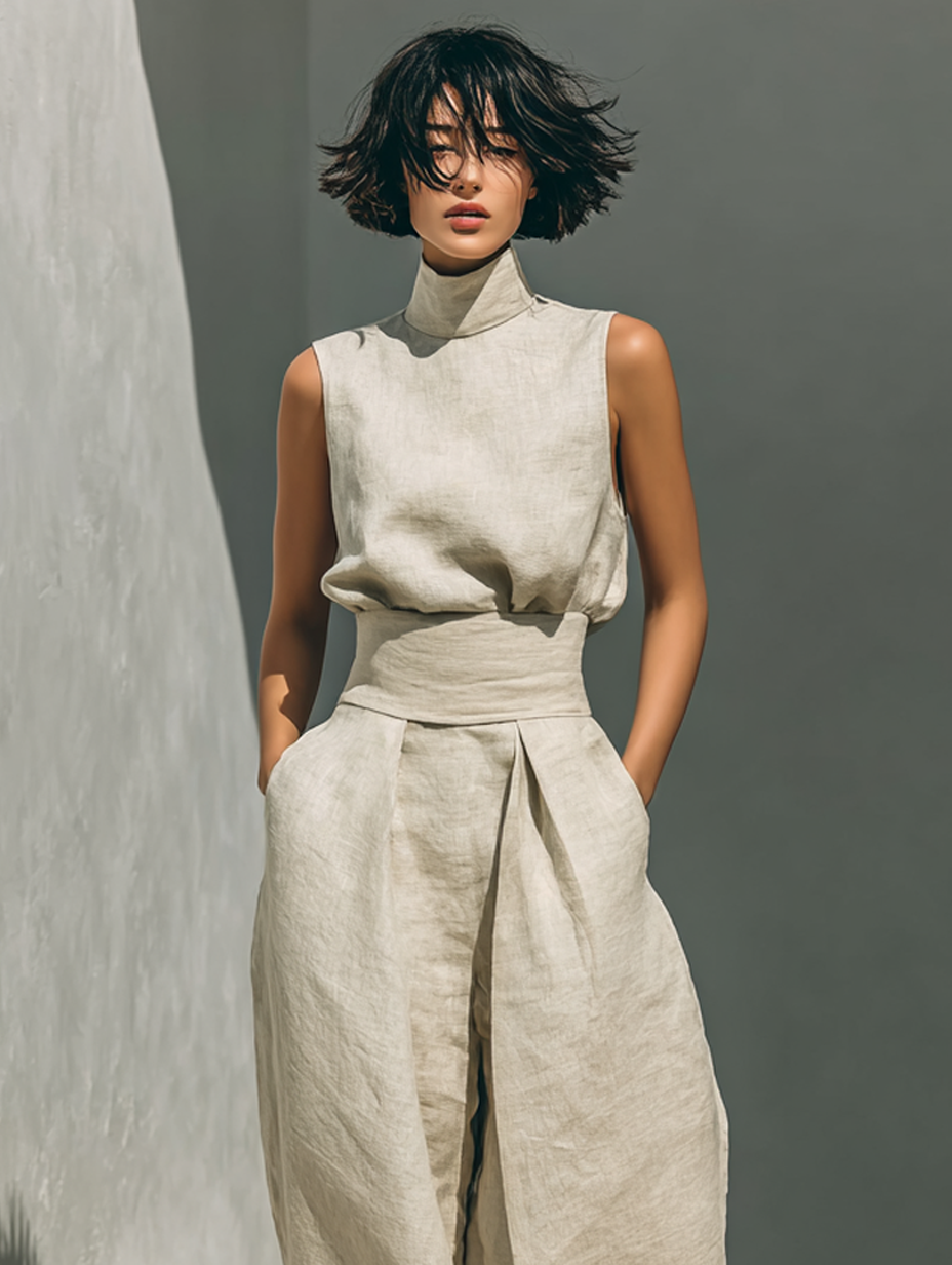conjunto de lino con top sin mangas y pantalón de pierna ancha. Ronda