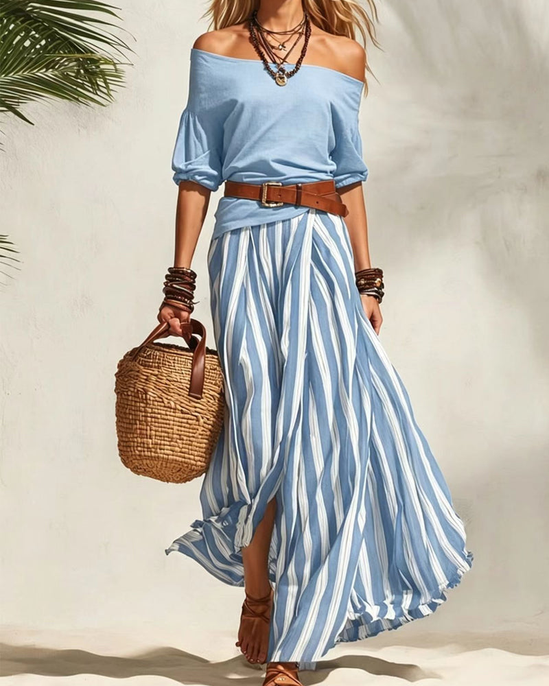 conjunto falda maxi a rayas con top de hombros descubiertos. Motril