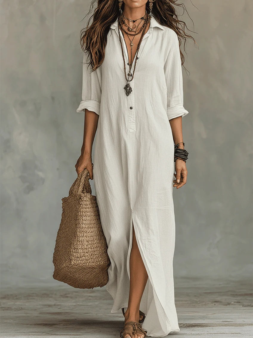 vestido maxi con cuello estructurado y botones. Ronda
