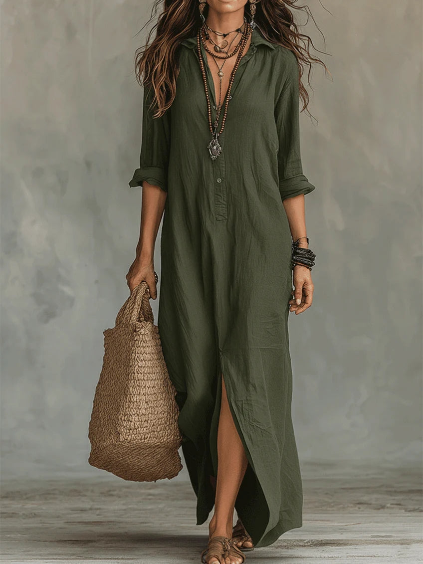 vestido maxi con cuello estructurado y botones. Ronda
