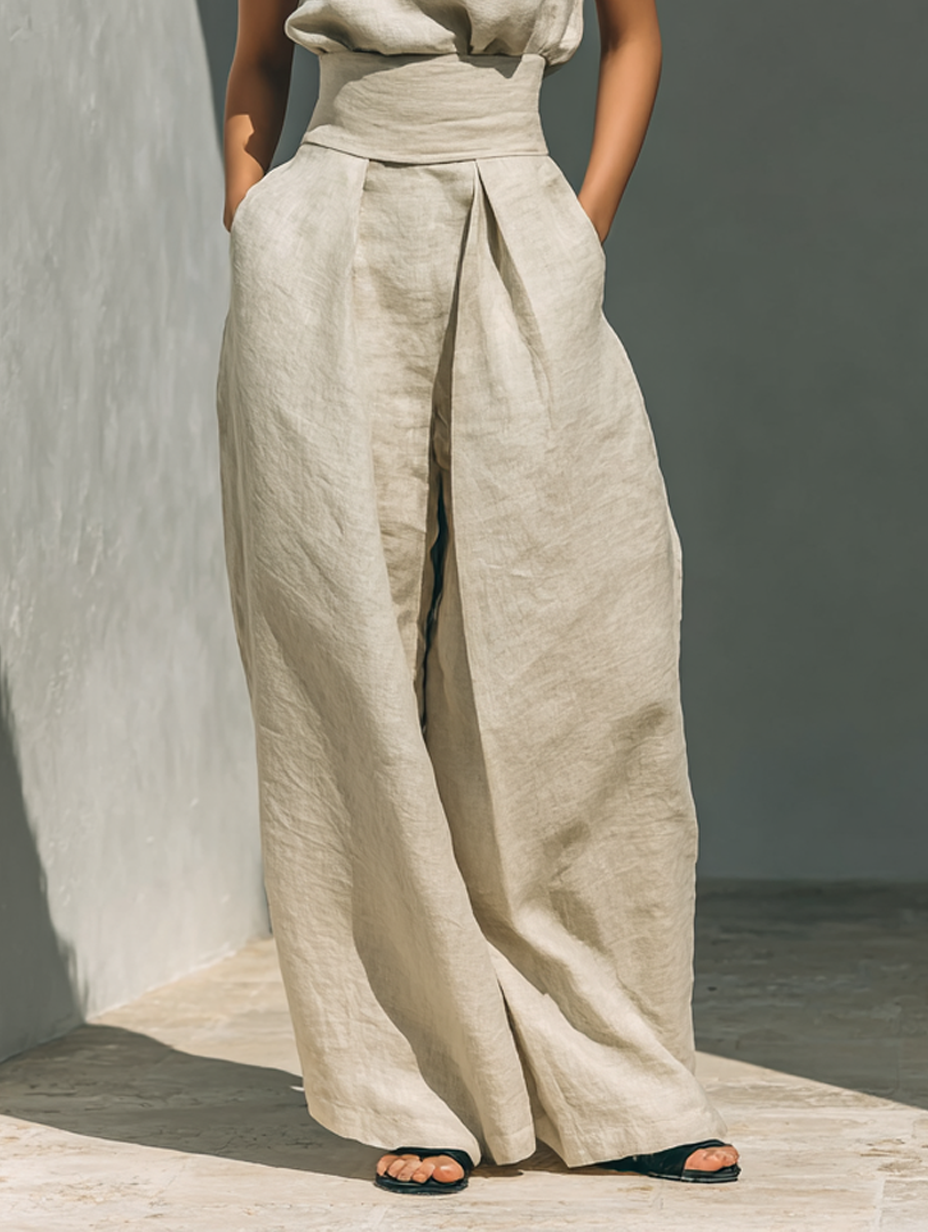 conjunto de lino con top sin mangas y pantalón de pierna ancha. Ronda