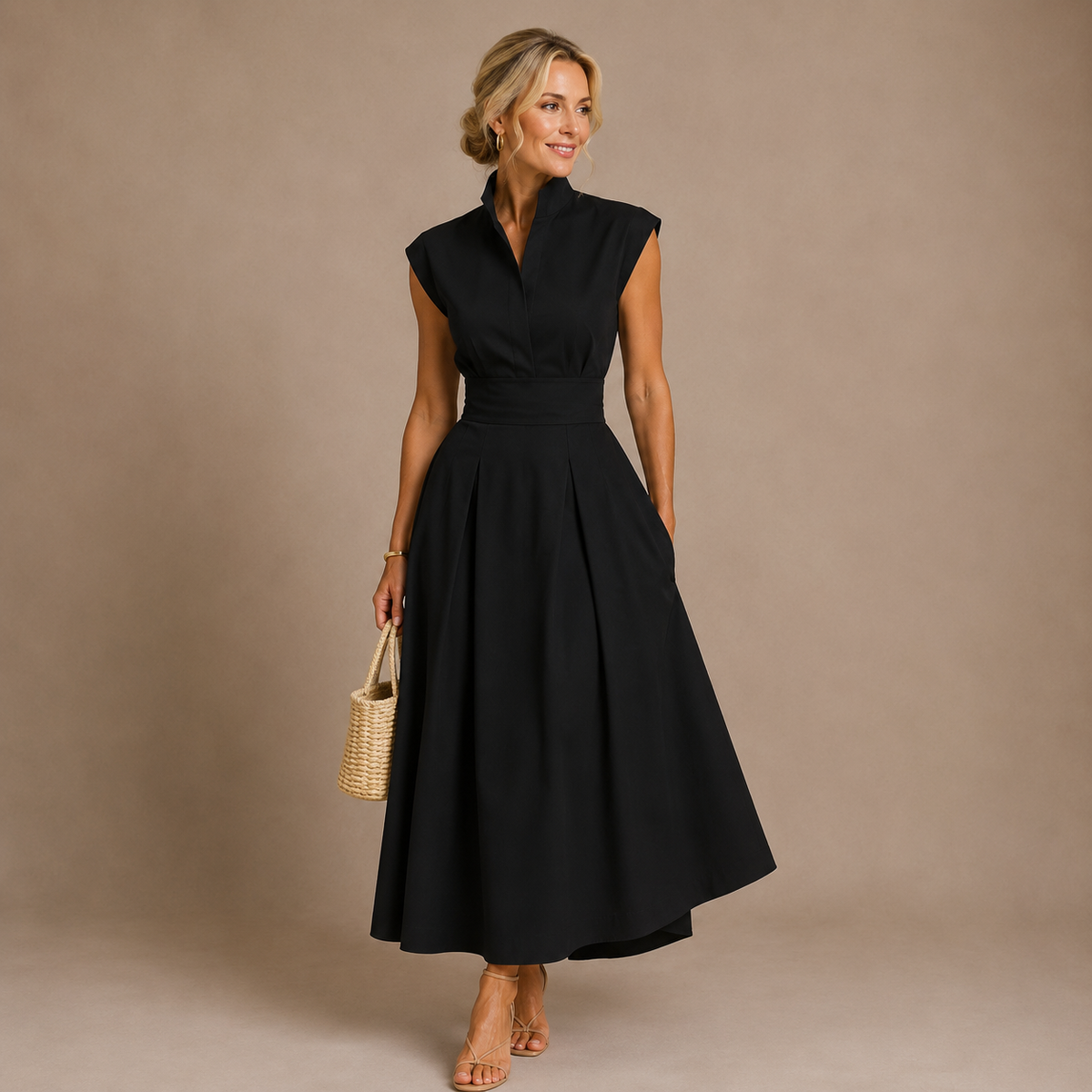 vestido midi plisado con escote estructurado. Aurelia