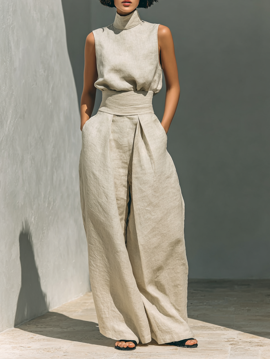conjunto de lino con top sin mangas y pantalón de pierna ancha. Ronda
