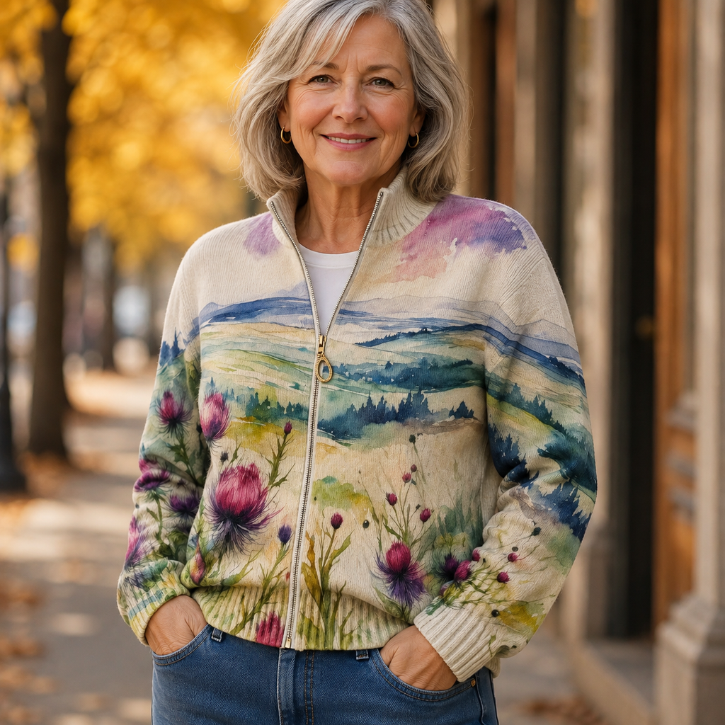 cardigan con cremallera y estampado de cardo escocés. Begur