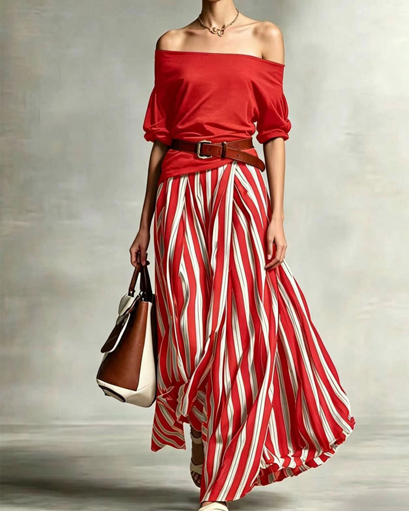 conjunto falda maxi a rayas con top de hombros descubiertos. Motril