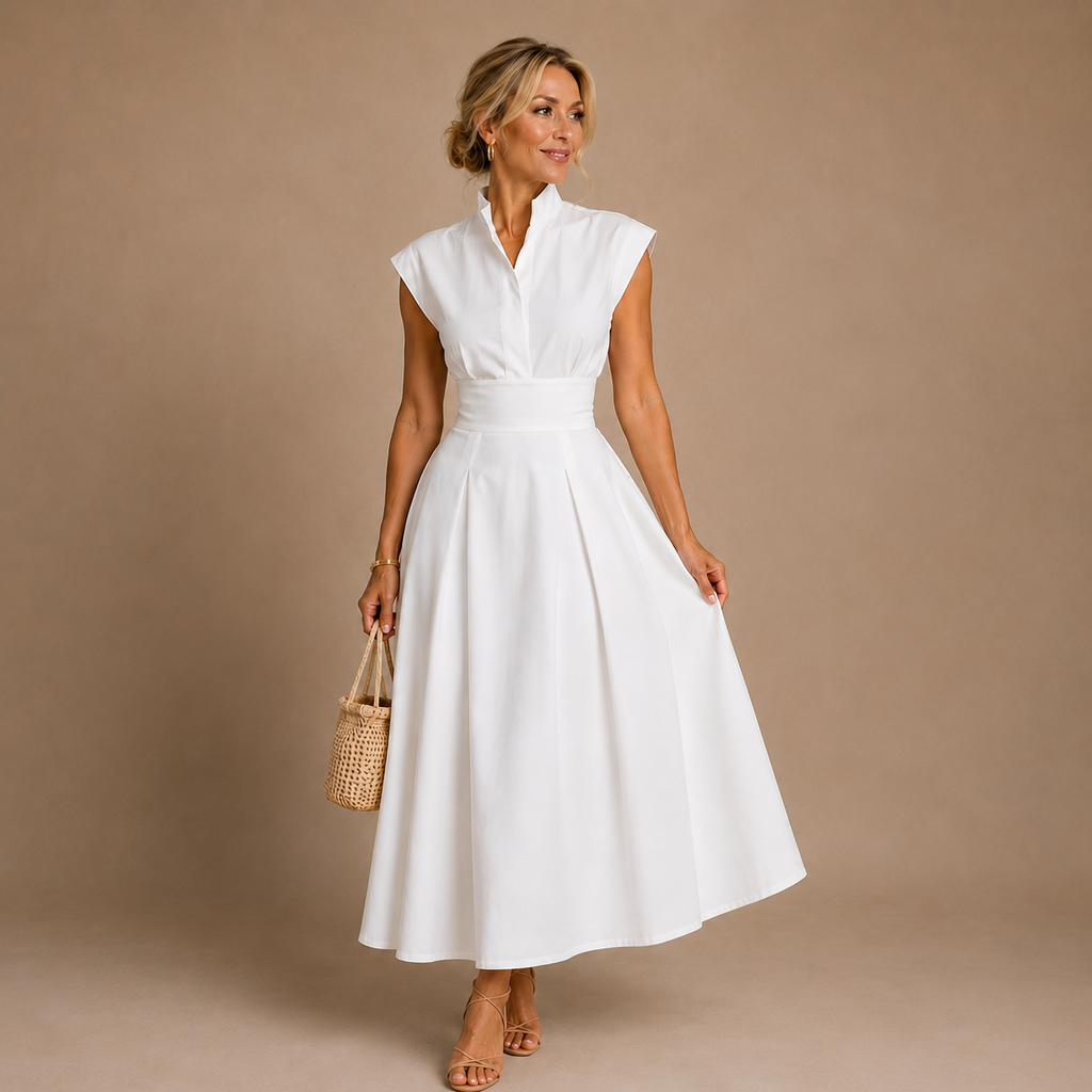 vestido midi plisado con escote estructurado. Aurelia