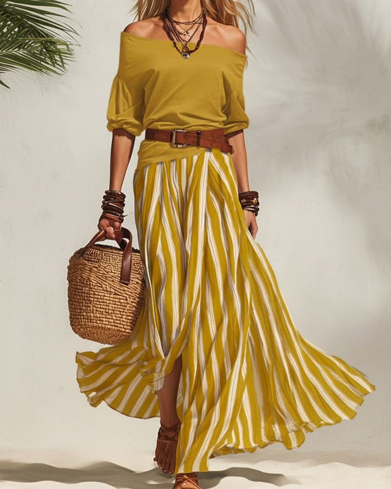 conjunto falda maxi a rayas con top de hombros descubiertos. Motril