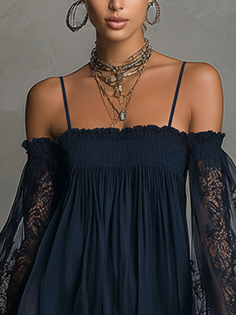vestido mini de chiffon con encaje y hombros descubiertos. Vejer