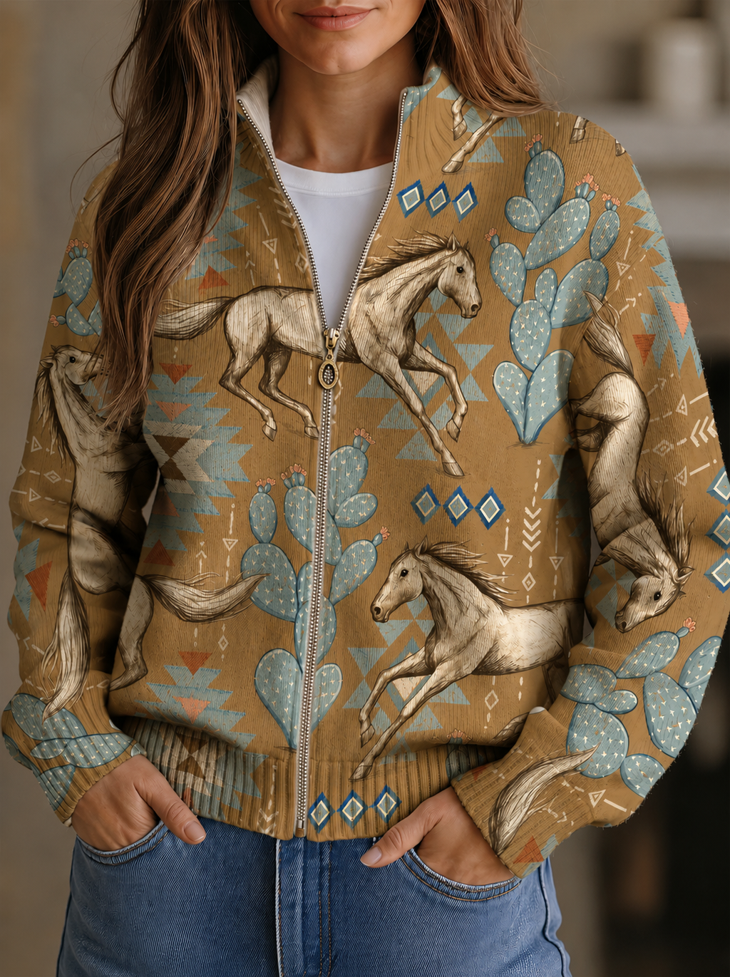 cardigan con cremallera y estampado de cactus. Perpetua