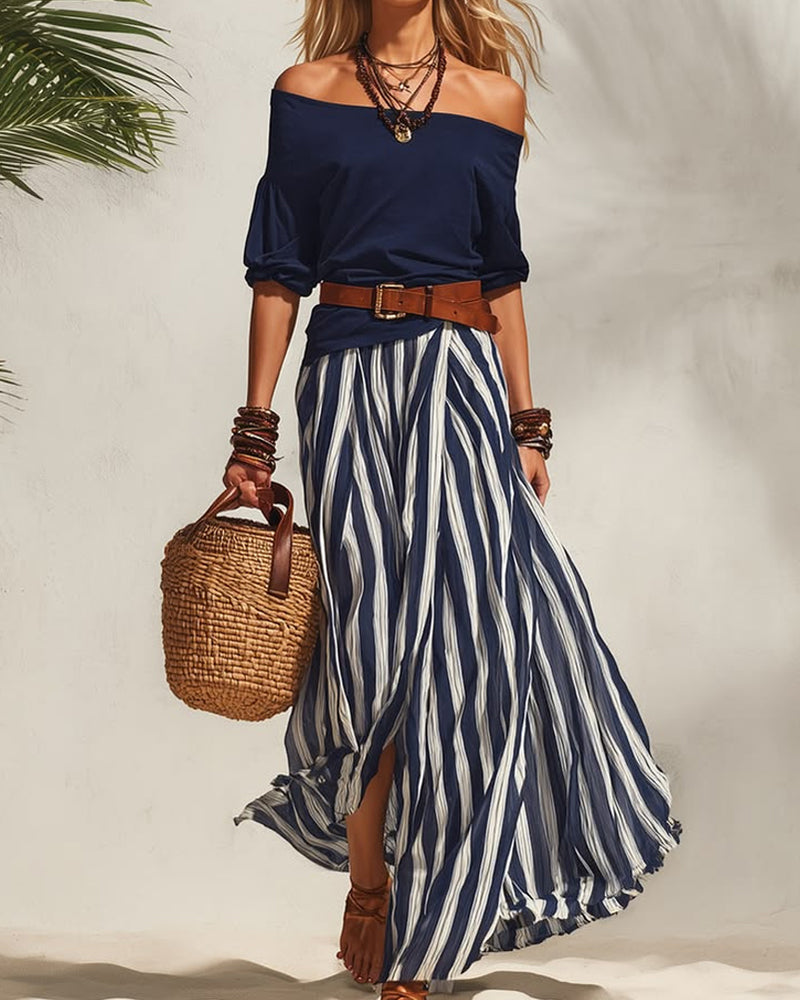 conjunto falda maxi a rayas con top de hombros descubiertos. Motril