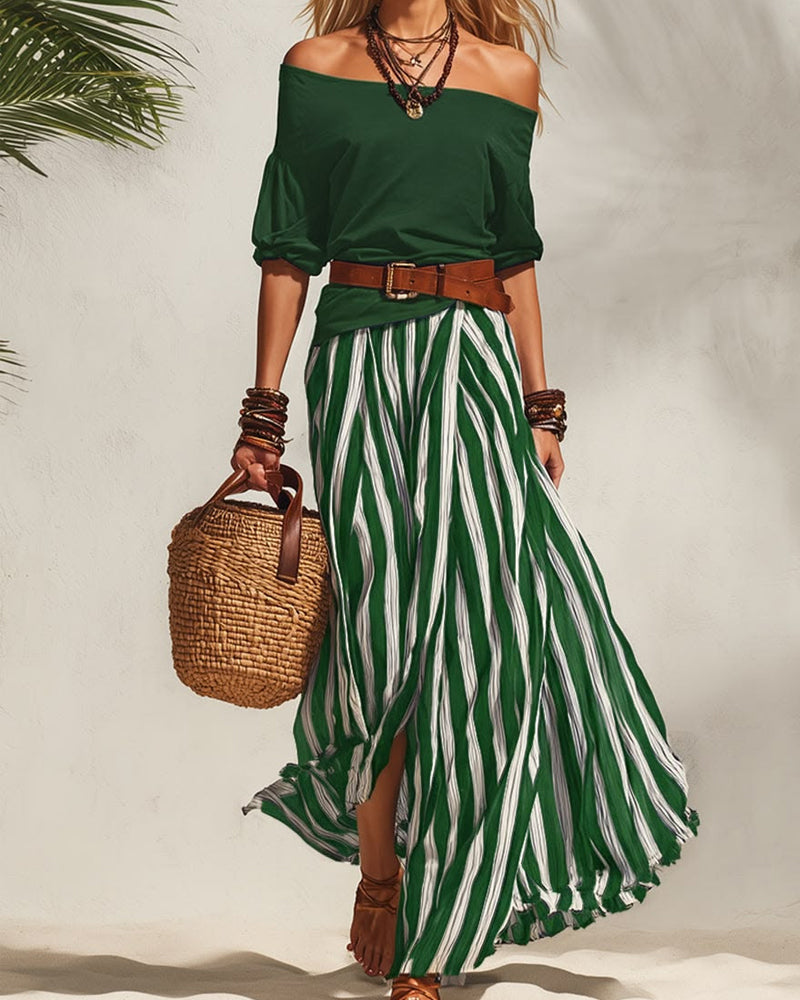 conjunto falda maxi a rayas con top de hombros descubiertos. Motril