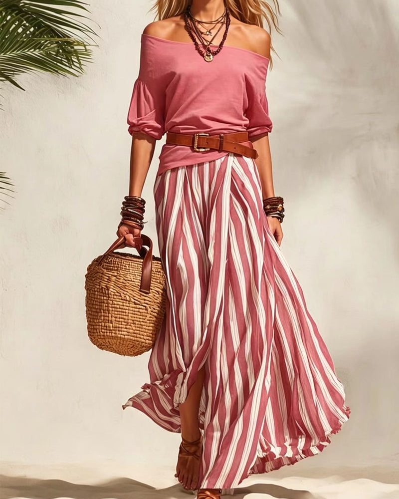 conjunto falda maxi a rayas con top de hombros descubiertos. Motril