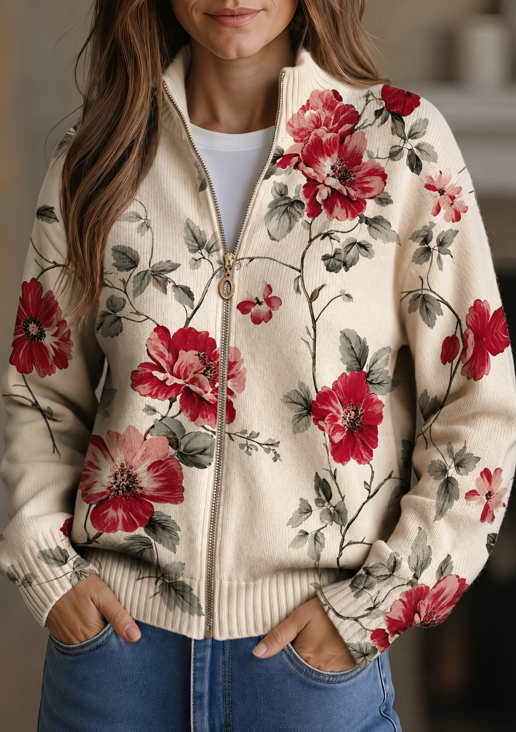 cardigan bomber de canalé con estampado floral. Begur
