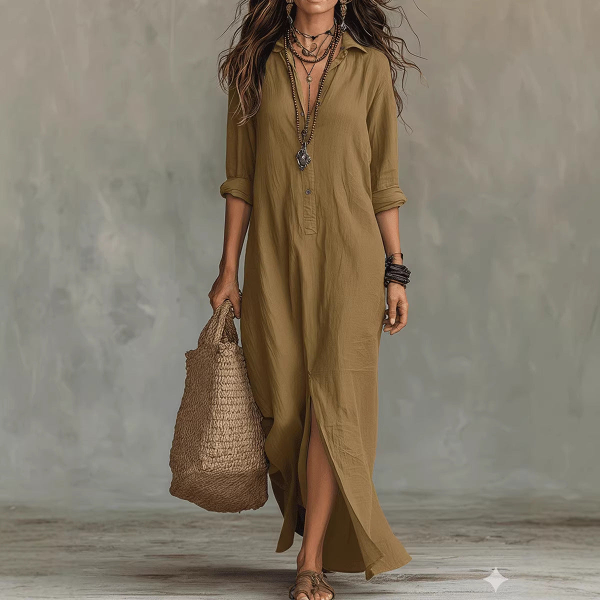 vestido maxi con cuello estructurado y botones. Ronda