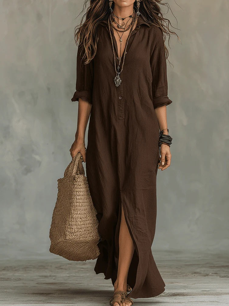vestido maxi con cuello estructurado y botones. Ronda