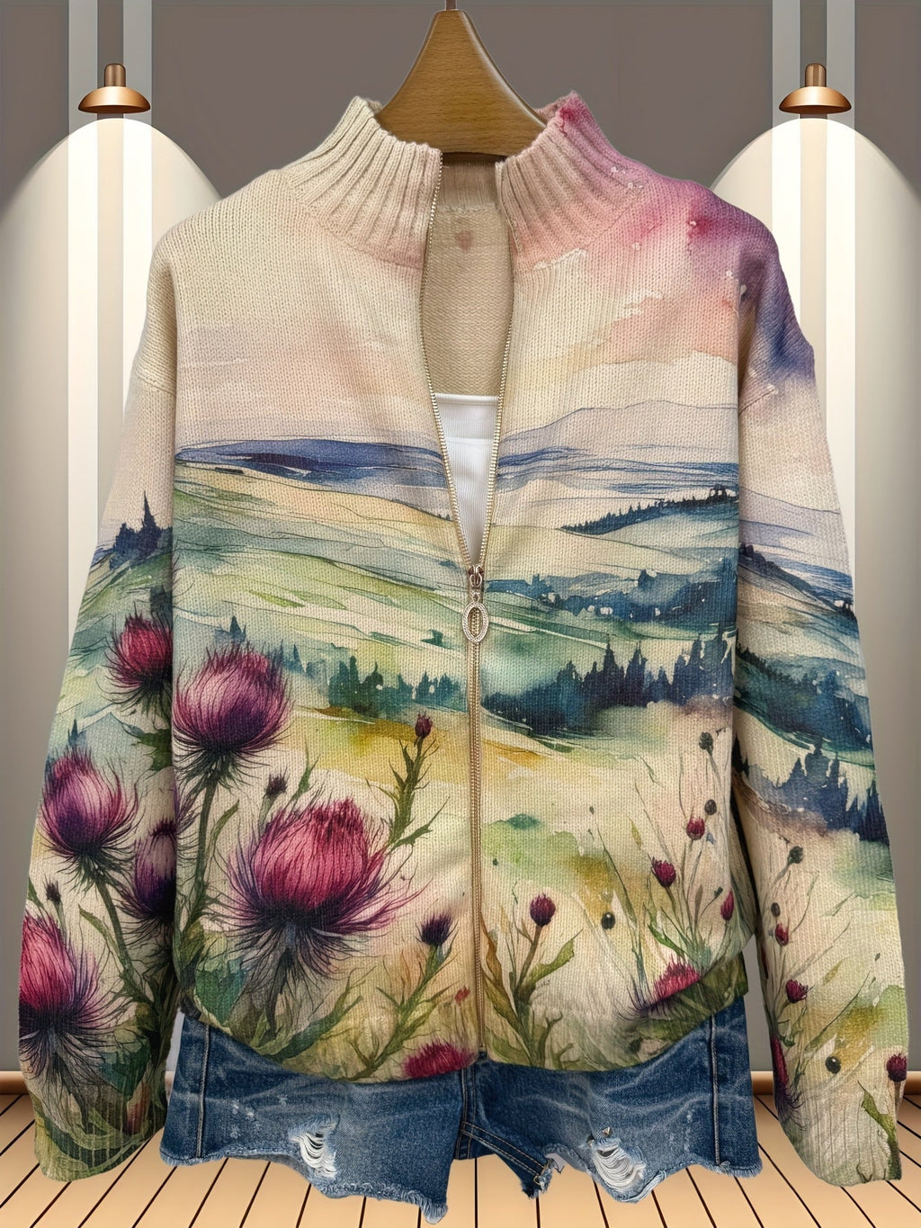 cardigan con cremallera y estampado de cardo escocés. Begur