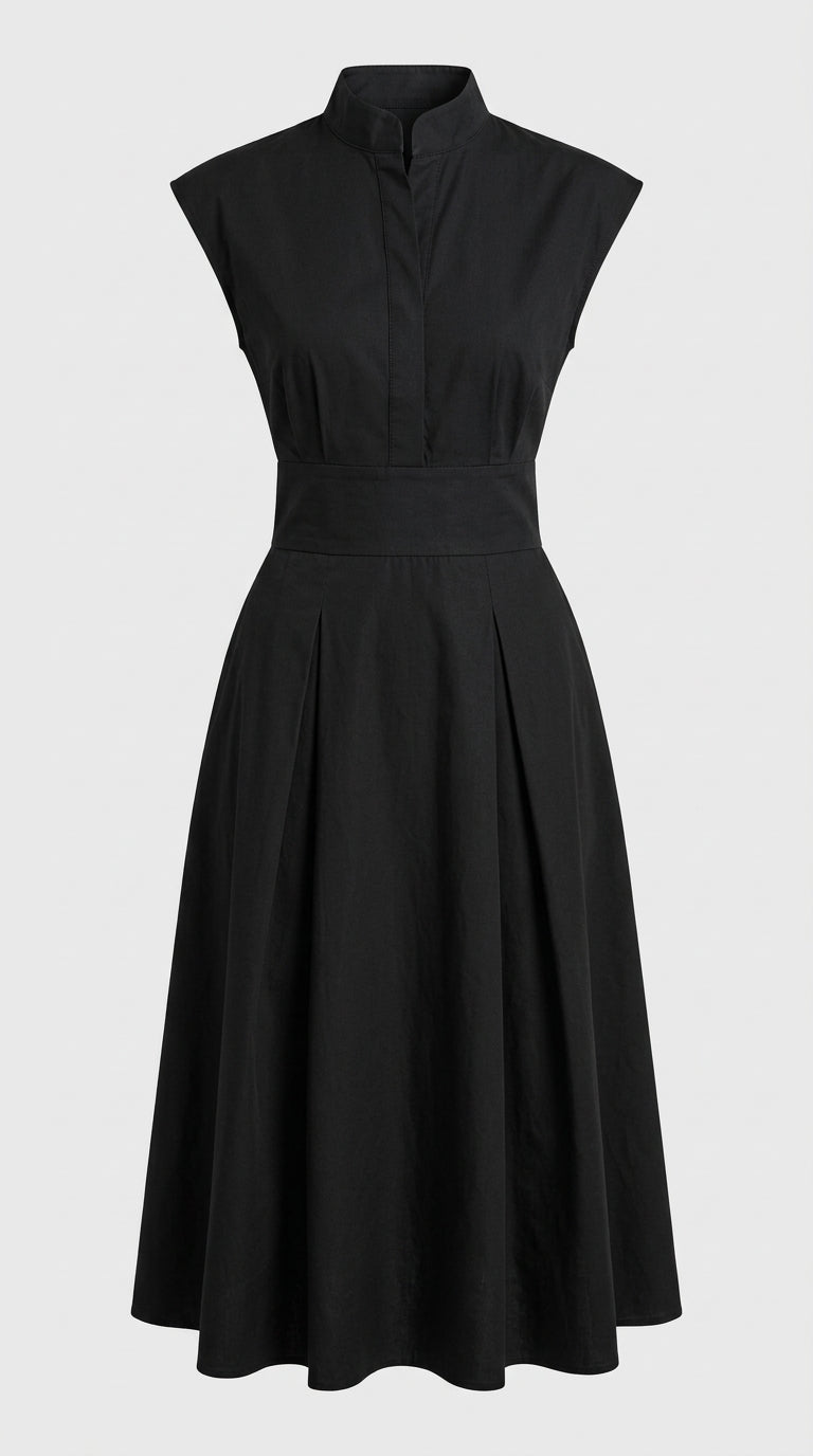 Tabarca — vestido midi plisado con escote estructurado