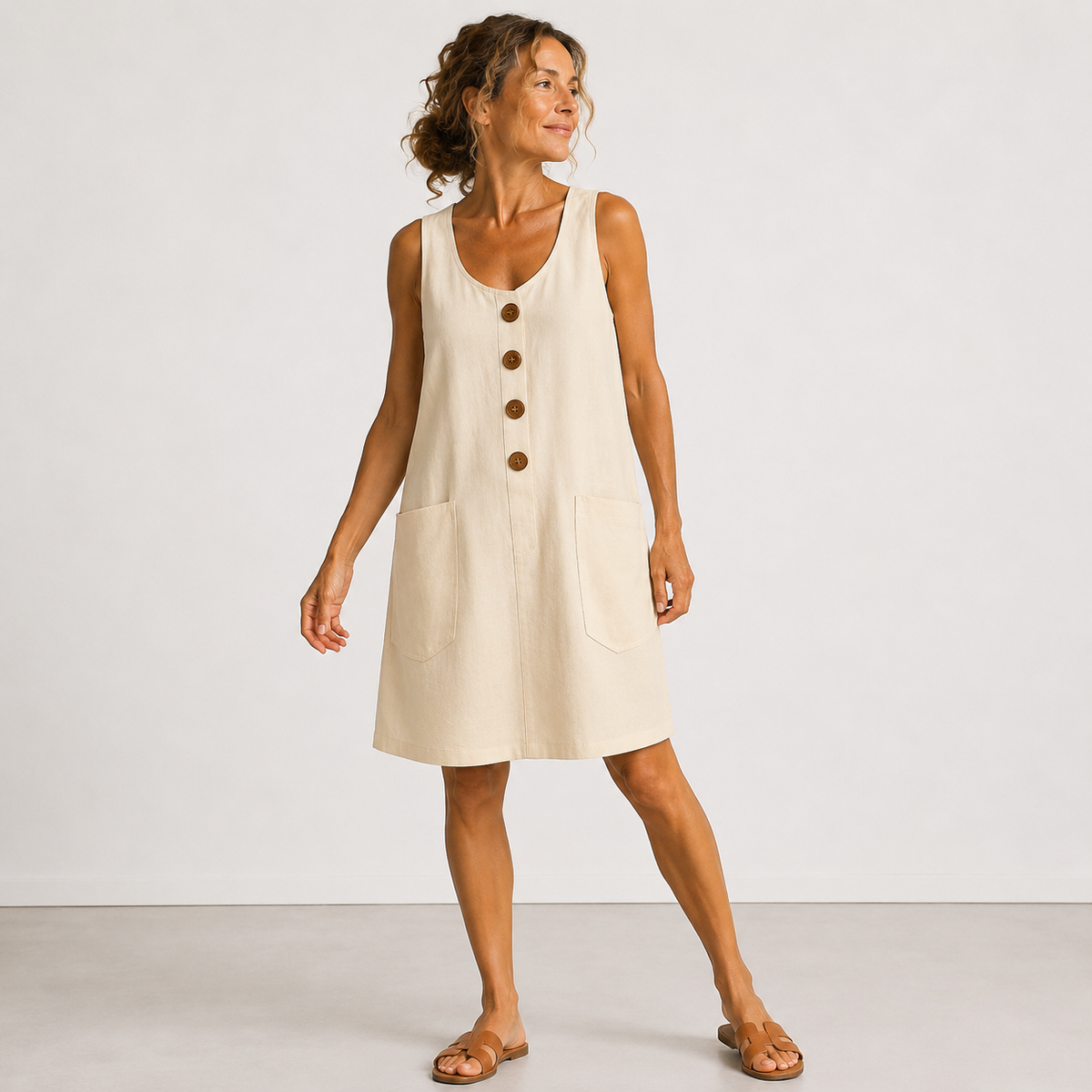 vestido mini sin mangas con botones de madera y bolsillos. Mabel