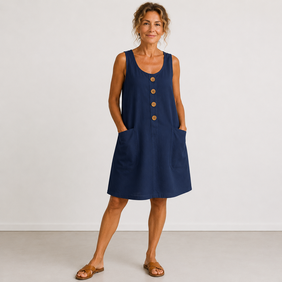 vestido mini sin mangas con botones de madera y bolsillos. Mabel
