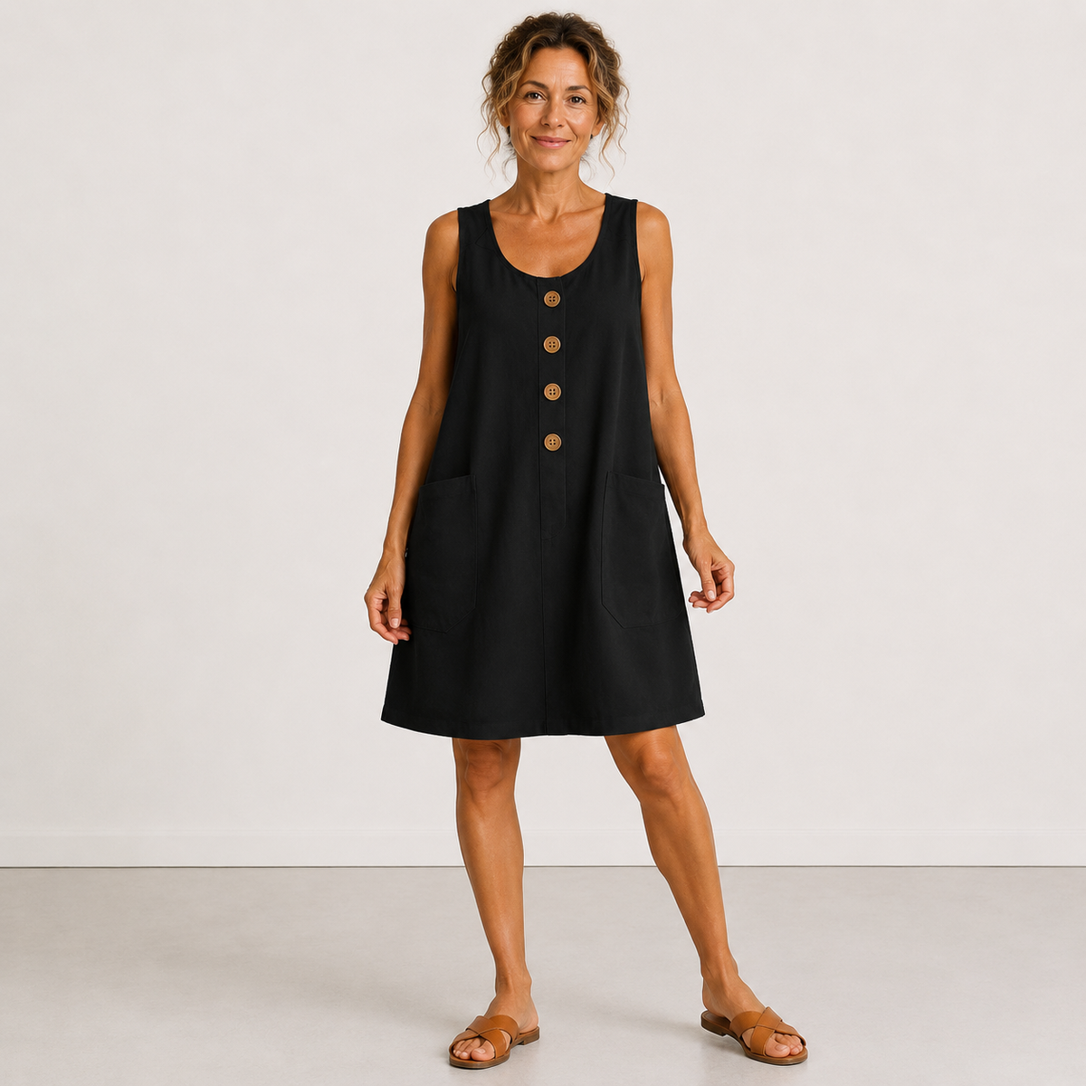 vestido mini sin mangas con botones de madera y bolsillos. Mabel
