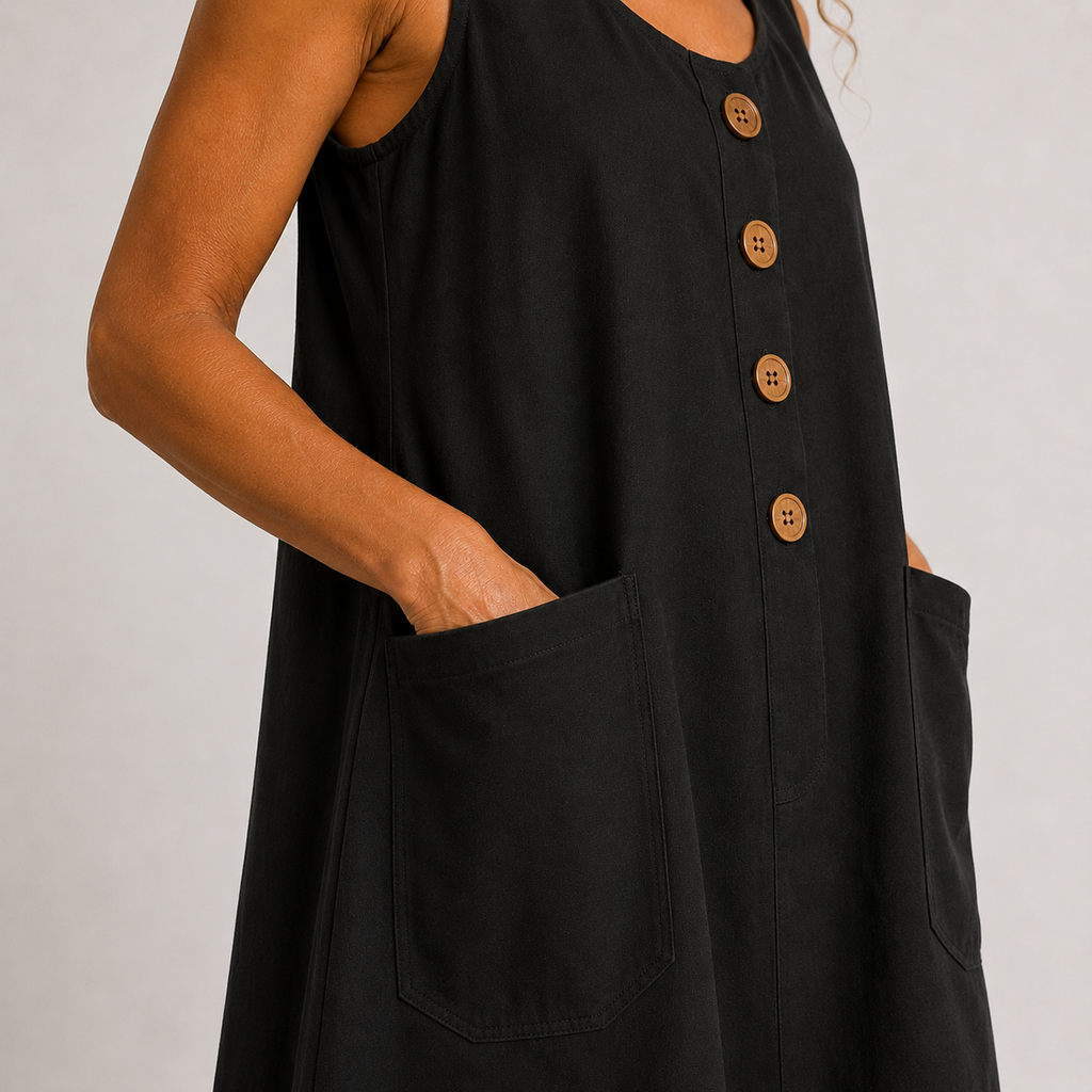 vestido mini sin mangas con botones de madera y bolsillos. Mabel