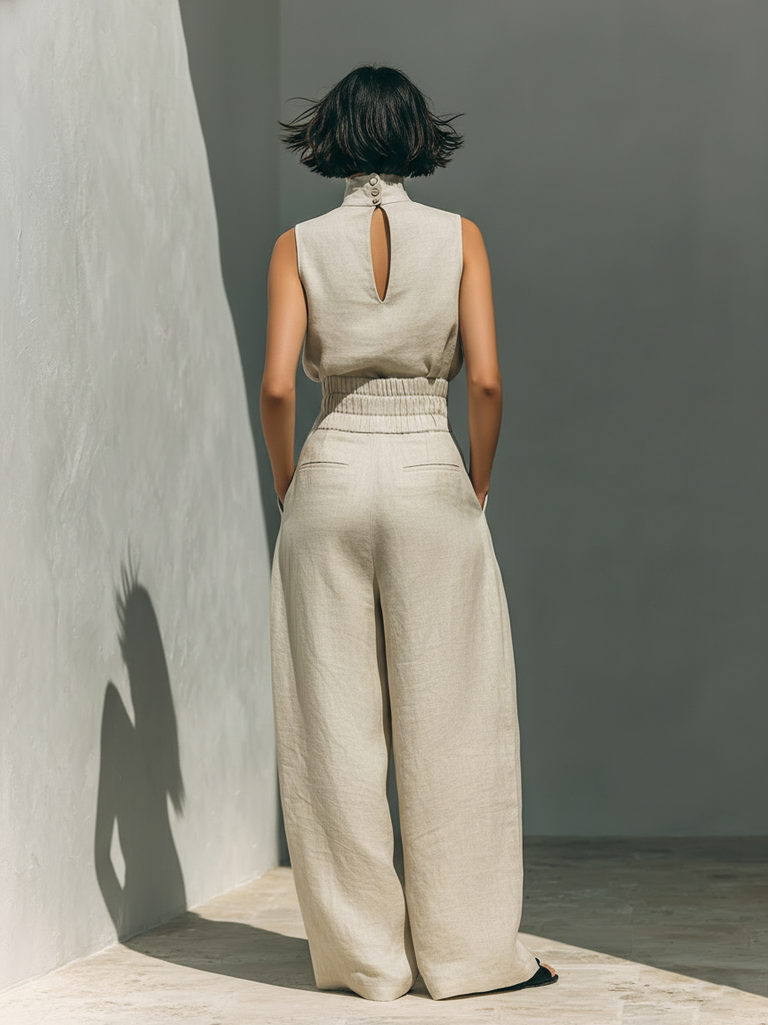 conjunto de lino con top sin mangas y pantalón de pierna ancha. Ronda