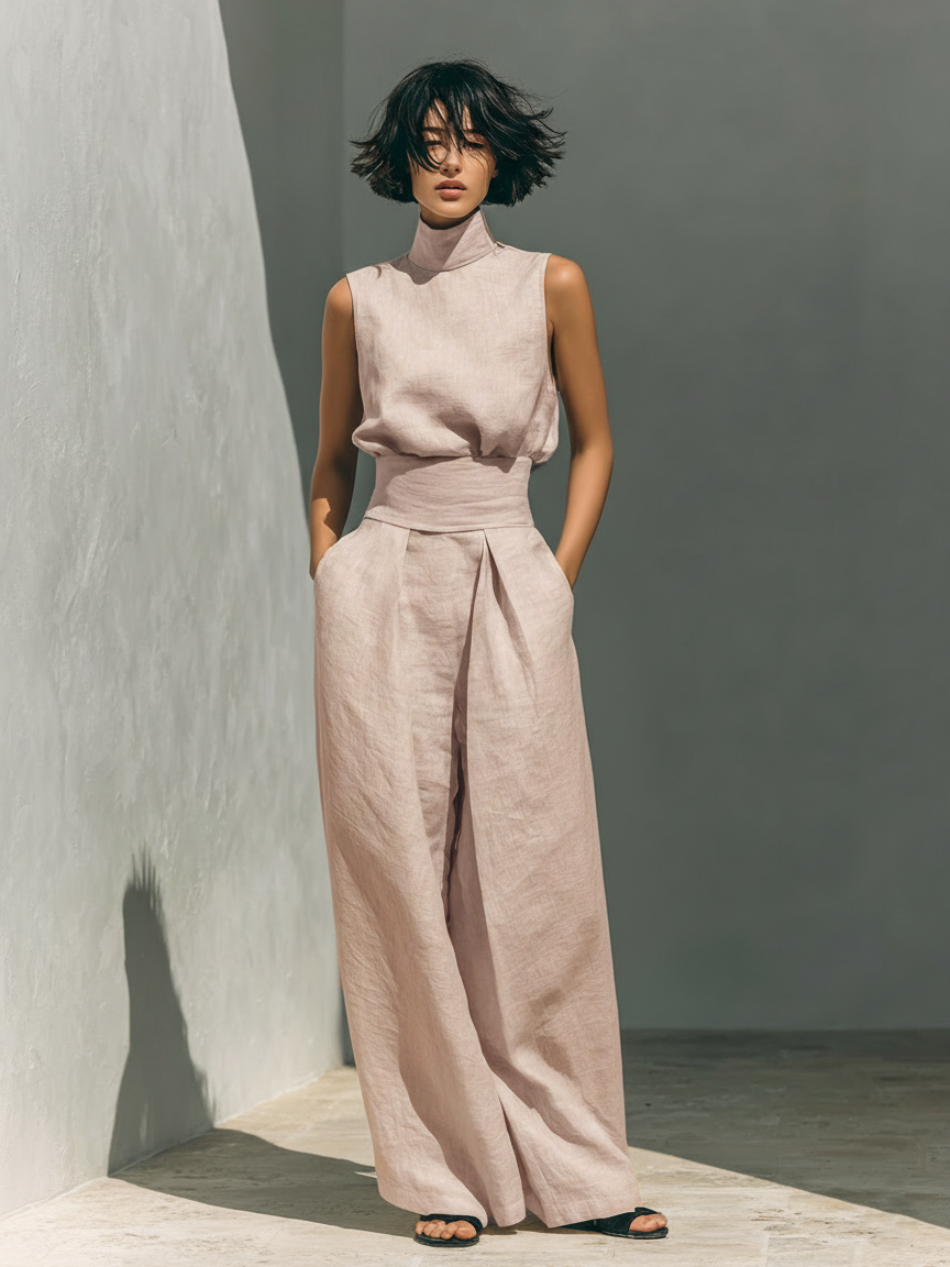 conjunto de lino con top sin mangas y pantalón de pierna ancha. Ronda