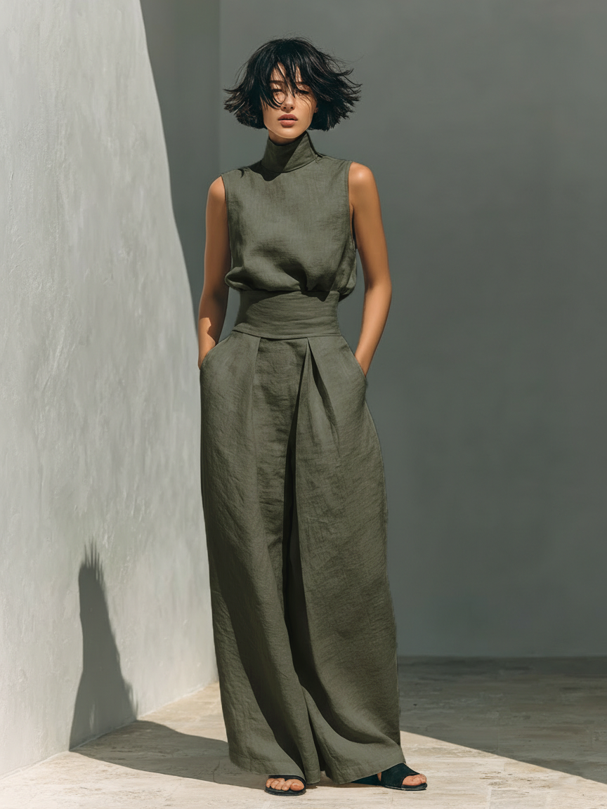 conjunto de lino con top sin mangas y pantalón de pierna ancha. Ronda