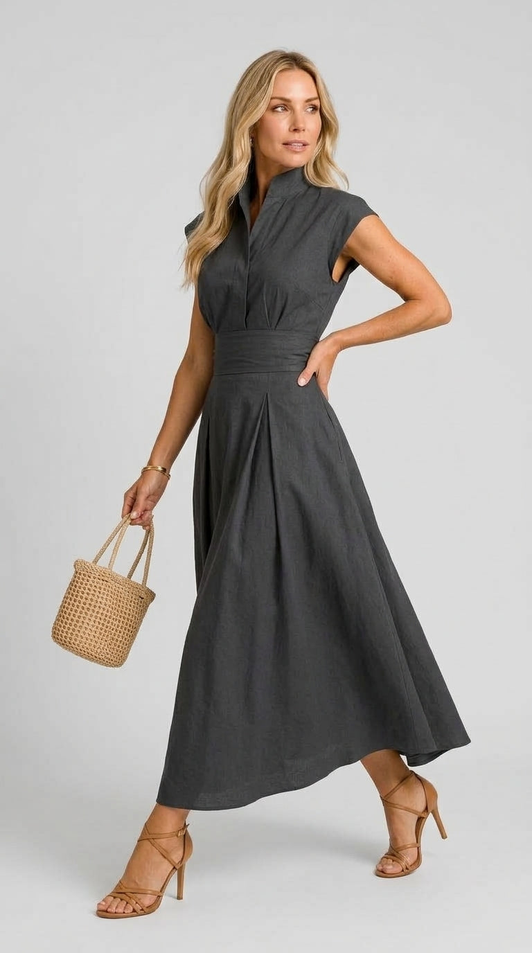 Tabarca — vestido midi plisado con escote estructurado
