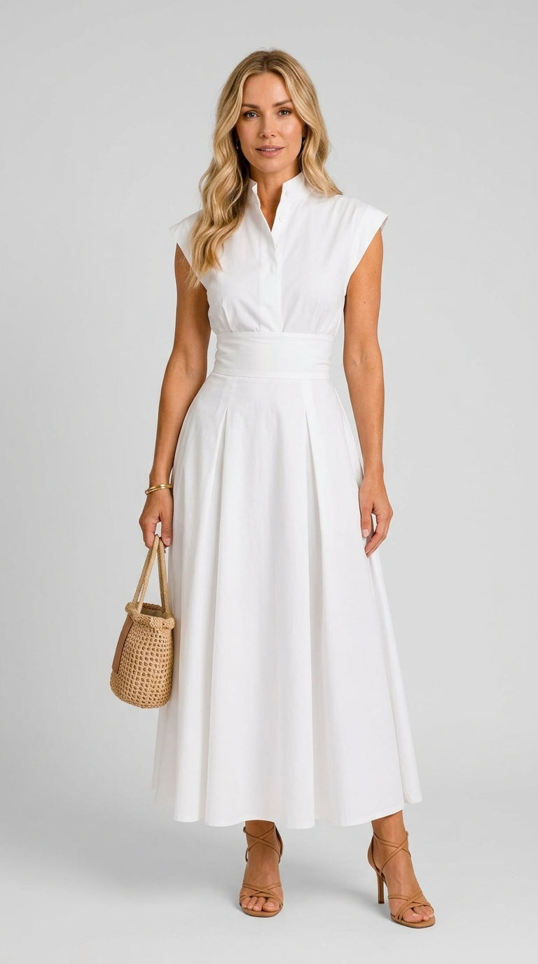 Tabarca — vestido midi plisado con escote estructurado