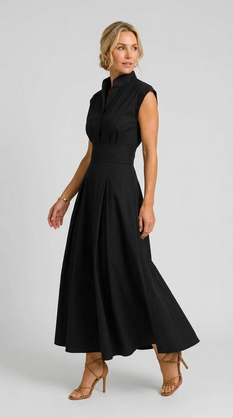 Tabarca — vestido midi plisado con escote estructurado