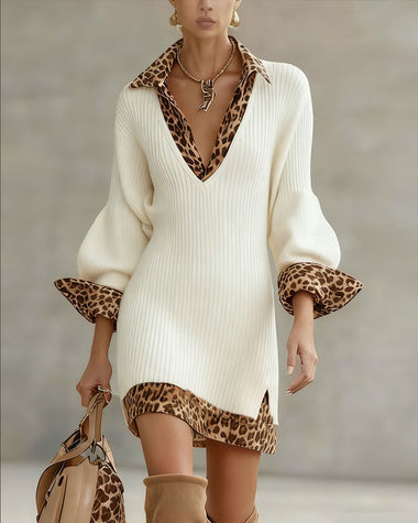 vestido leopardo con mangas farol y escote en v. Teror
