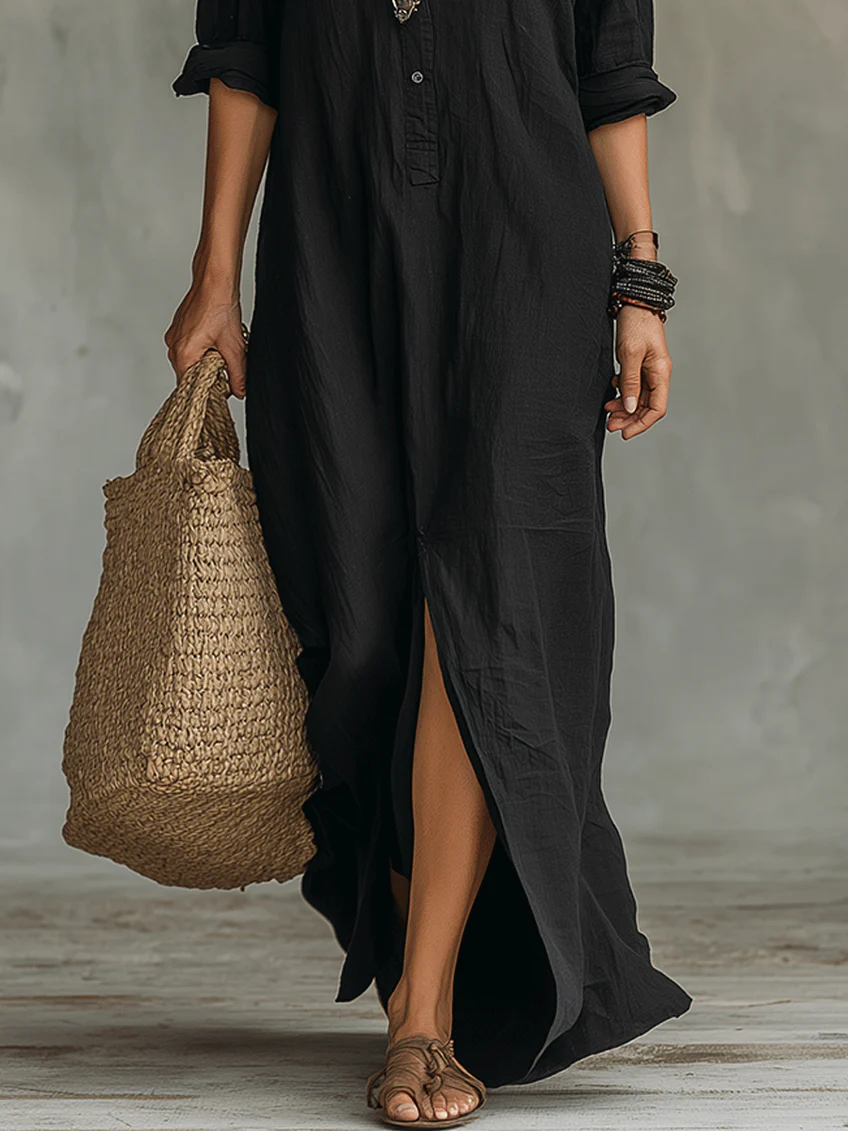 vestido maxi con cuello estructurado y botones. Ronda
