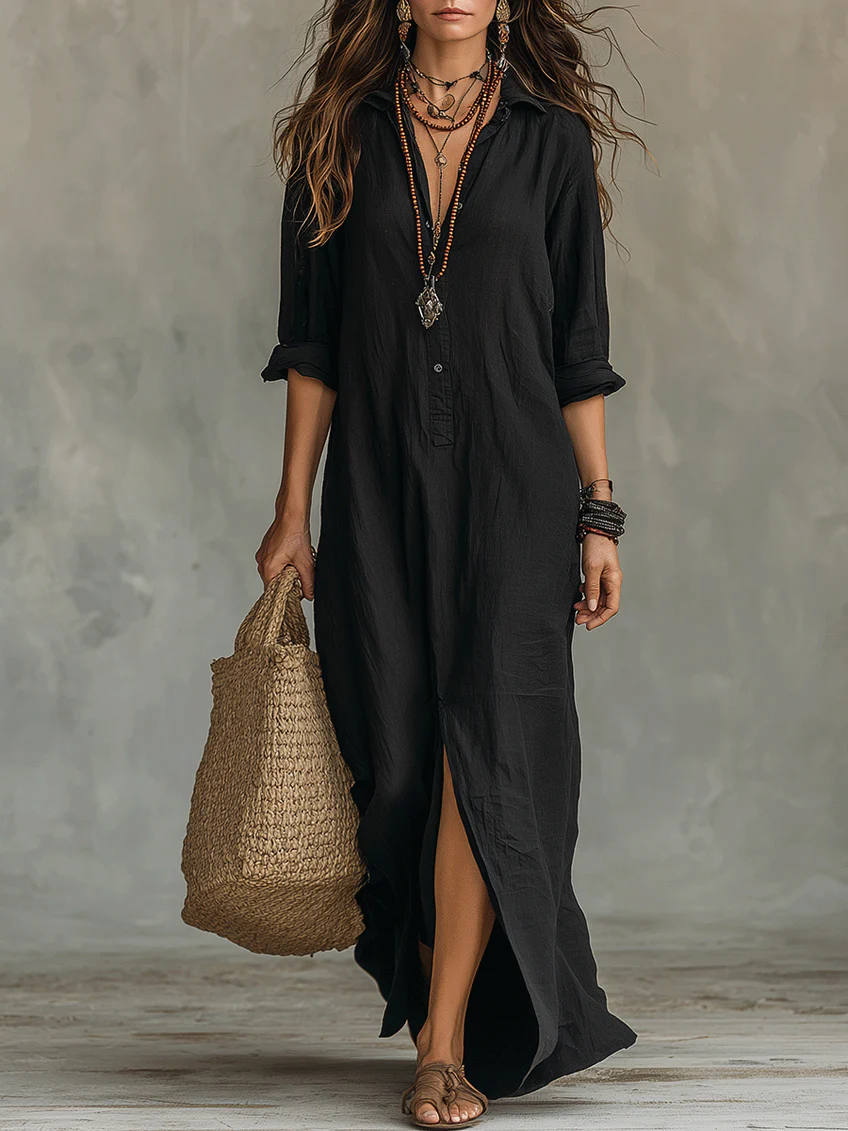 vestido maxi con cuello estructurado y botones. Ronda