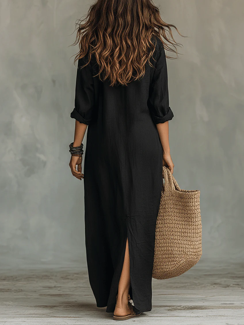 vestido maxi con cuello estructurado y botones. Ronda