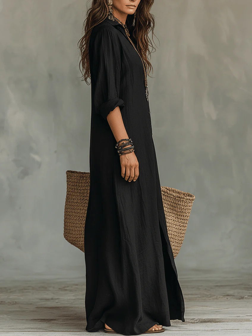 vestido maxi con cuello estructurado y botones. Ronda