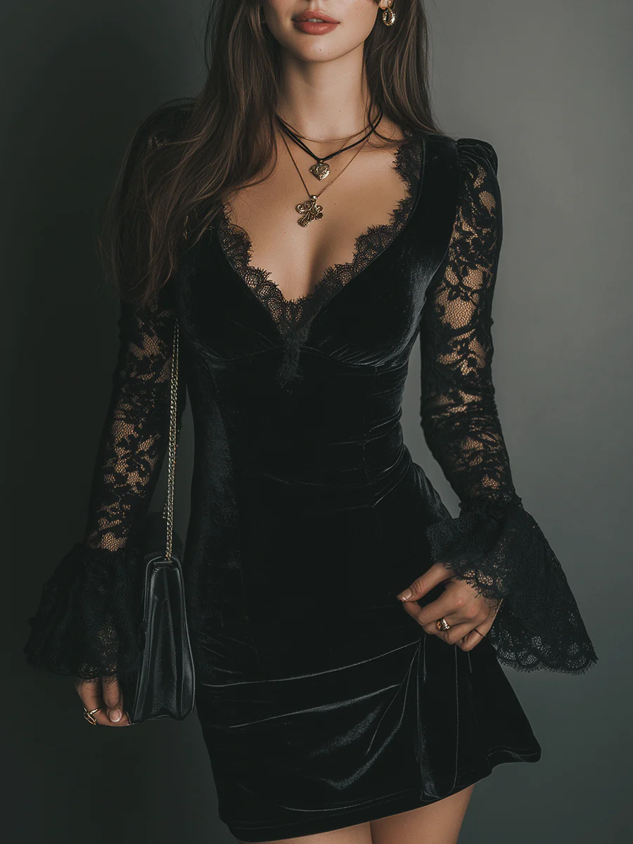 vestido mini de terciopelo y encaje. Vejer