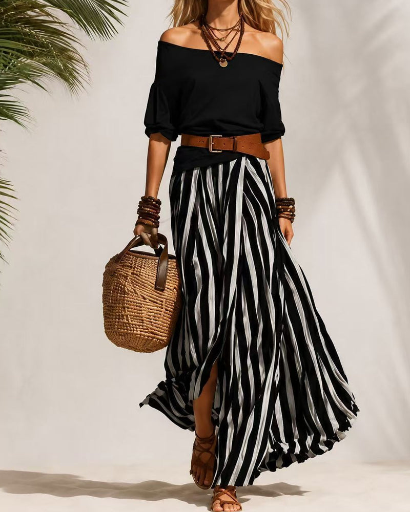 conjunto falda maxi a rayas con top de hombros descubiertos. Motril