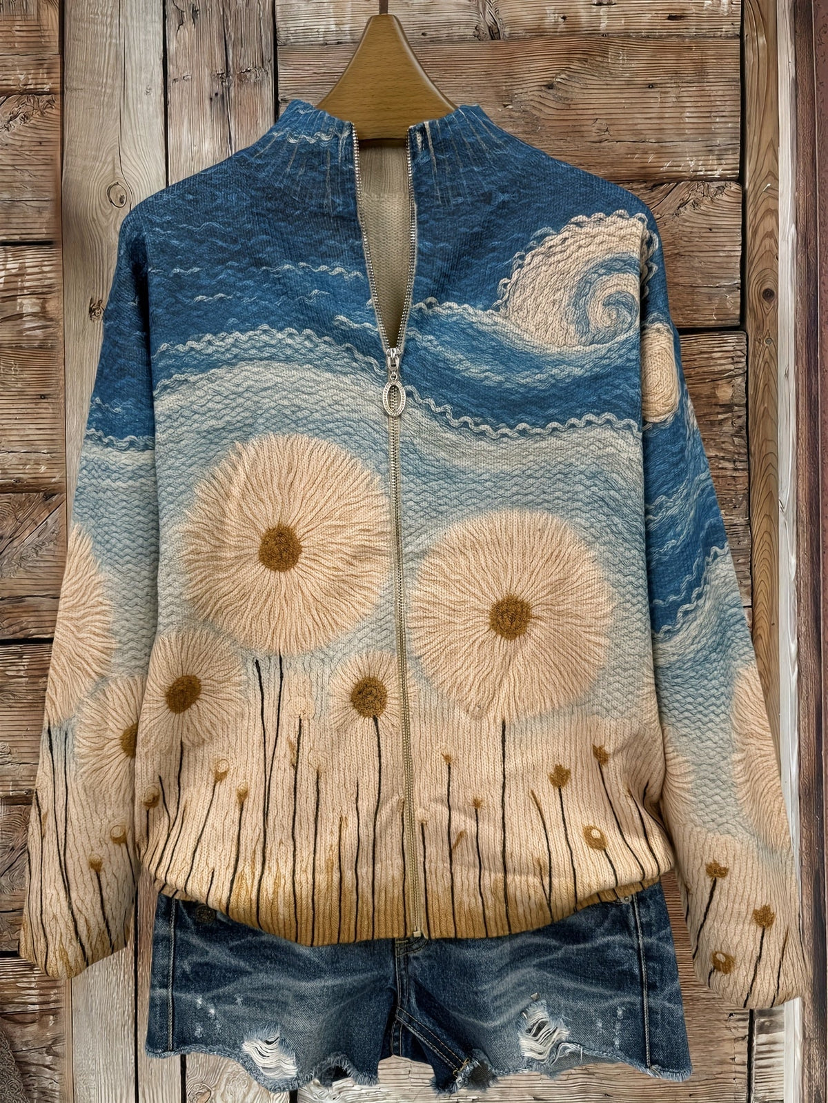 cardigan de punto con estampado de girasoles y cremallera. Vejer