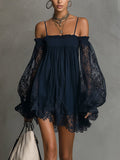 vestido mini de chiffon con encaje y hombros descubiertos. Vejer