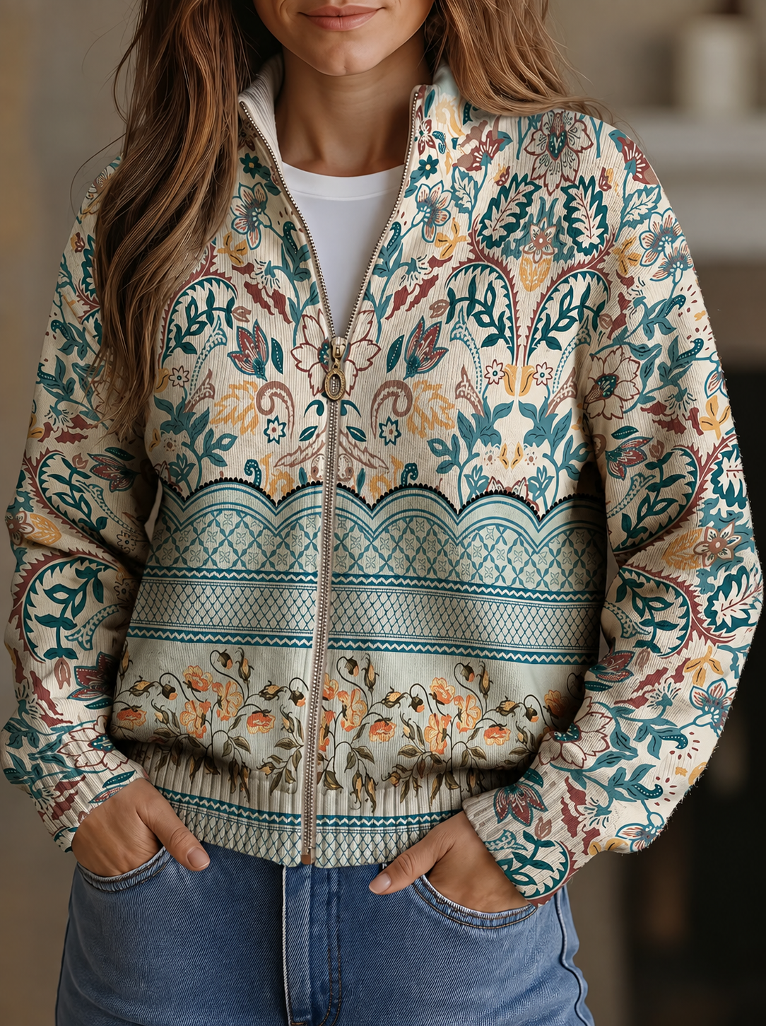 cardigan botánico con cremallera y cuello coreano. Begur