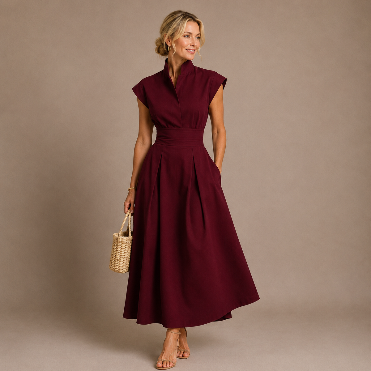 vestido midi plisado con escote estructurado. Aurelia