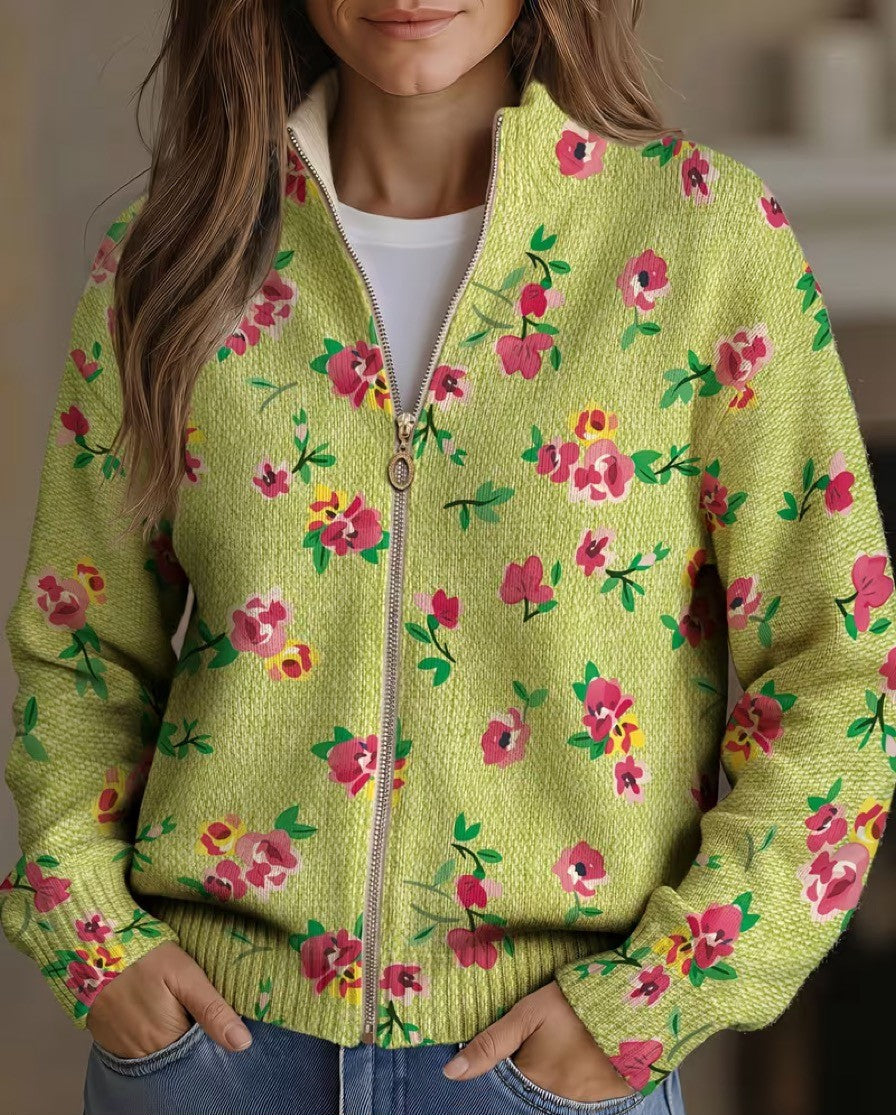cardigan bomber con estampado floral rosa y verde lima. Constance