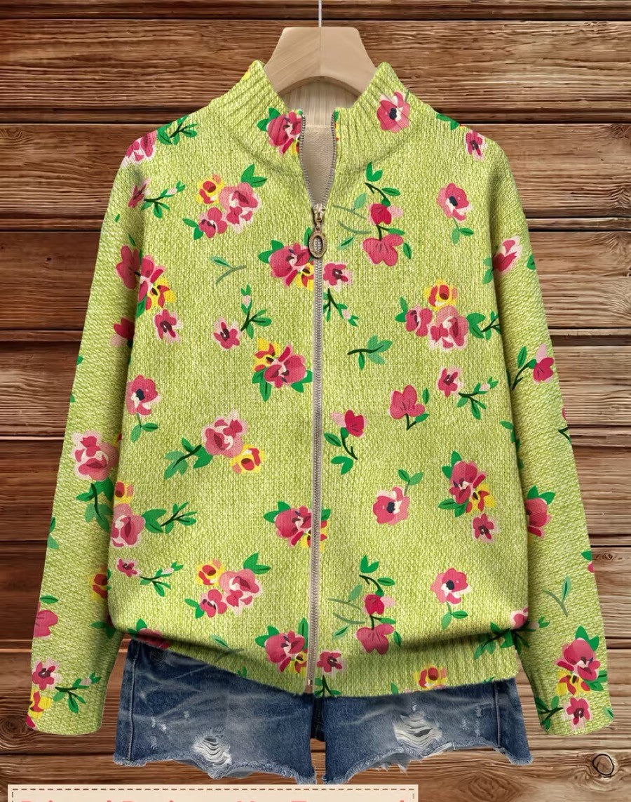 cardigan bomber con estampado floral rosa y verde lima. Constance