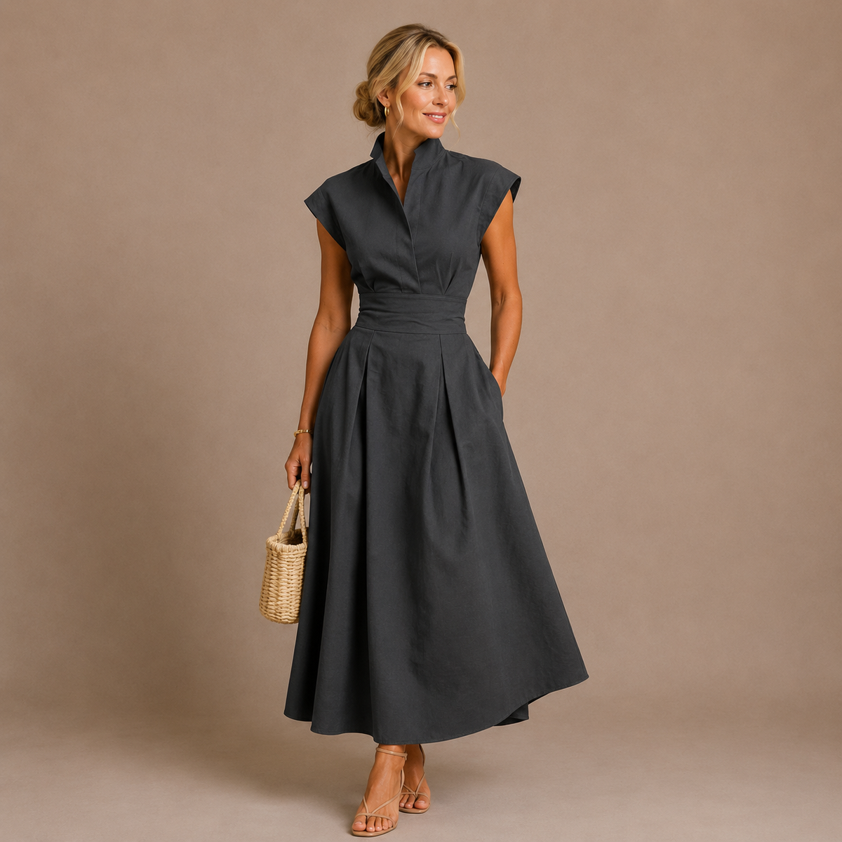 vestido midi plisado con escote estructurado. Aurelia