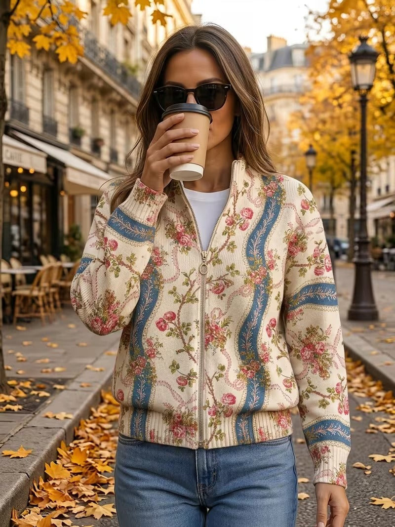 cardigan de punto con estampado floral y cintas. Eulalia