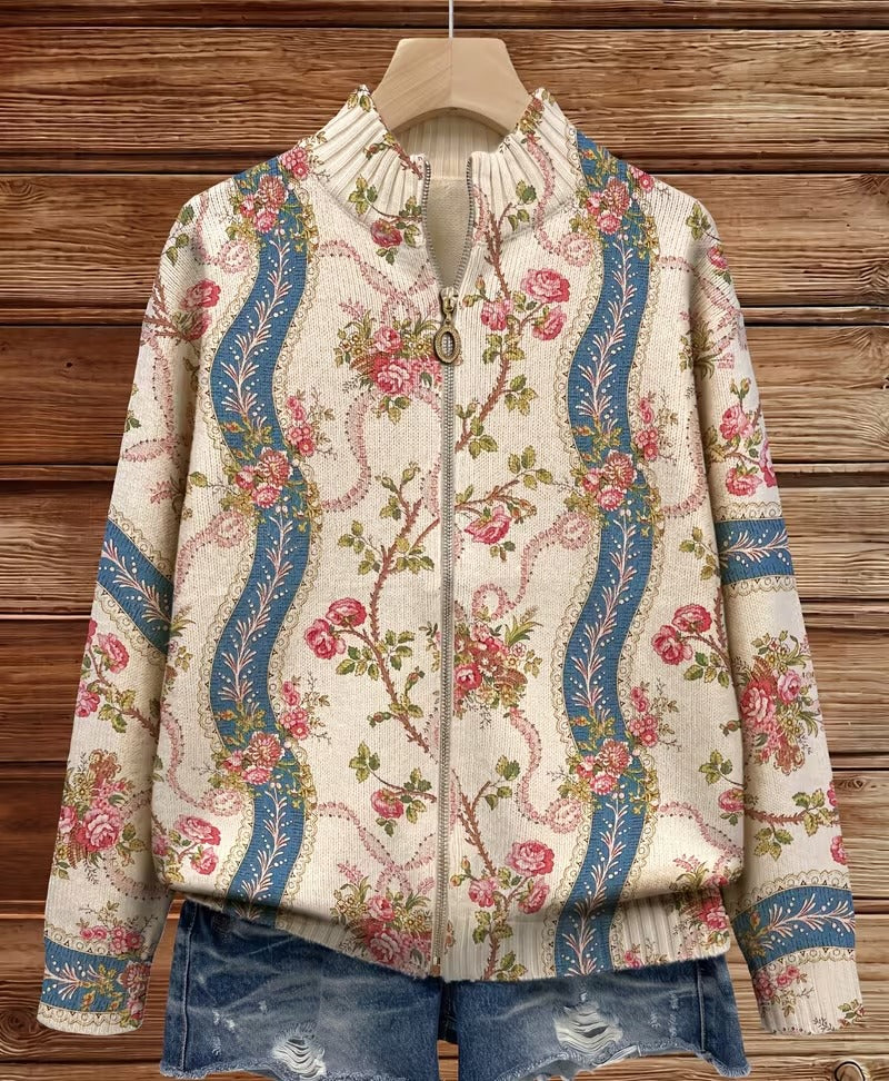 cardigan de punto con estampado floral y cintas. Eulalia